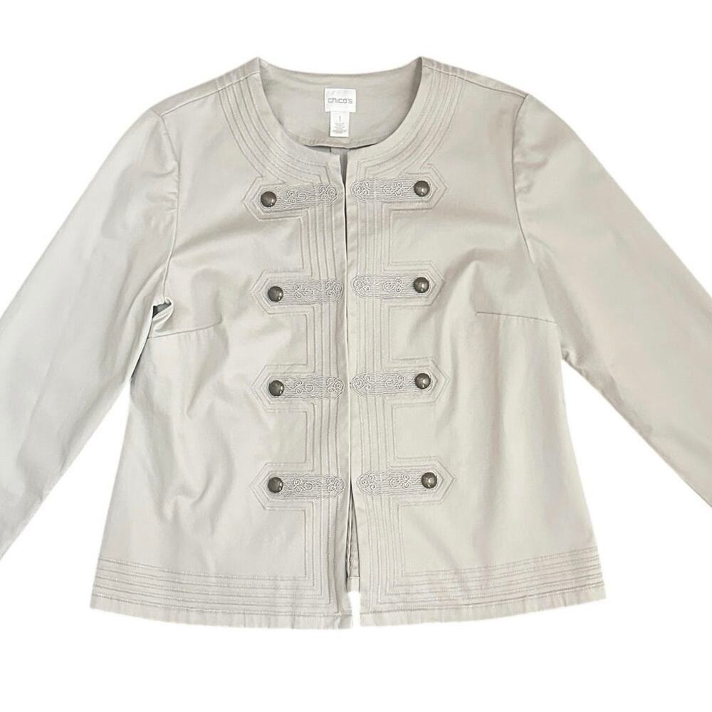 Chico’s Modern Minimalism Military Jacket Tan Khaki Women’s Size 1 Medium
